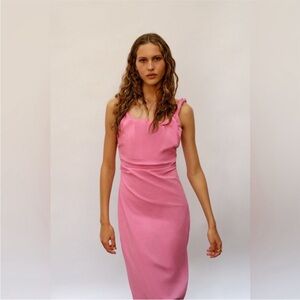 ZARA Pink Ruched Twisted Strap Sleeveless Midi Dress Size XS